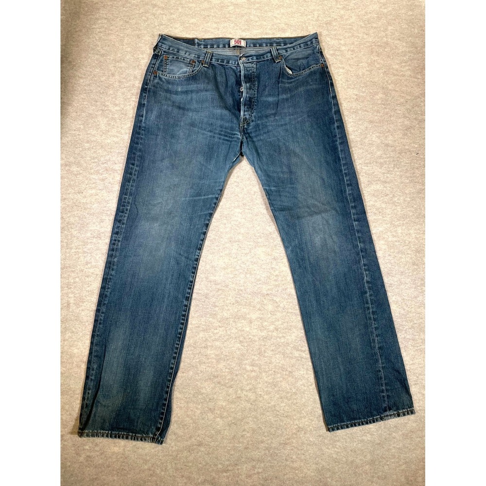 Levis 501 Straight Leg Jeans Mens 40x34 Blue Whiskering Denim‎ Button Fly Cotton
